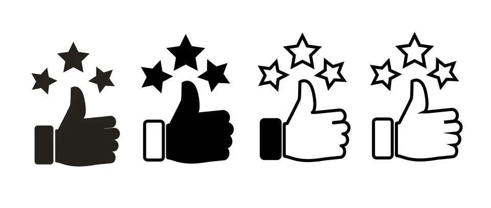 Thumb up with star icon in filled, thin line, outline and stroke style. Stock Illustration