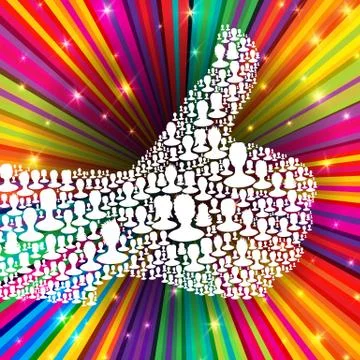 Thumb up symbol on colorful rays background. composed from many people silhou Illustrazione stock