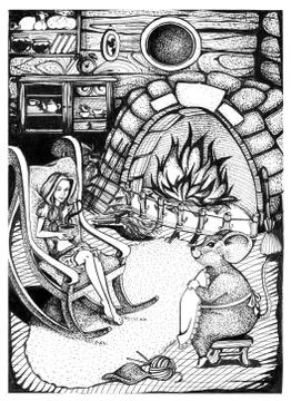 Thumbelina talking with mouse. Hand drawn sketch ink illustration. Stock Illustration