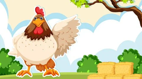 Thumbnail design with chicken on farm background Stock Illustration