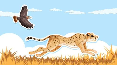 Thumbnail design with leopard running and hawk Stock Illustration