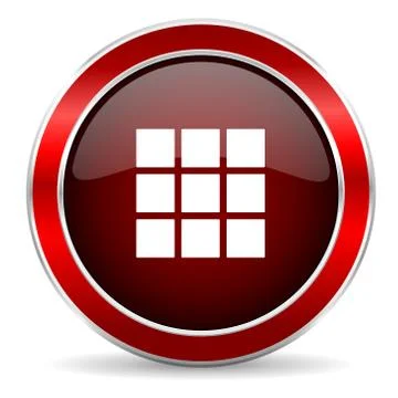 Thumbnails grid red circle glossy web icon, round button with metallic border Stock Illustration