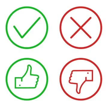 Thumbs up and down and check marks. Like and dislike symbols, vector icons. 스톡 일러스트
