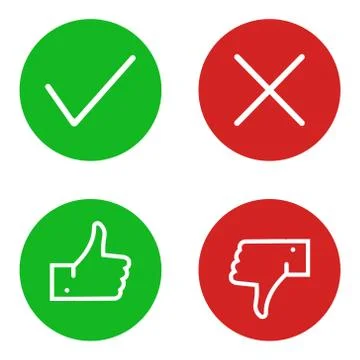 Thumbs up and down and check marks. Flat design. Vector. 스톡 일러스트