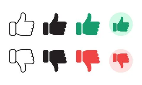 Thumbs up and down hand gesture icons in outline solid and colored styles f.. Illustrazione stock