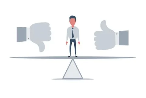 Thumbs up and thumbs down, like and dislike concept. Businessman standing on Stock Illustration