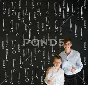 Thumbs up boy business man and teacher with chalk exclamation marks Stock Photos