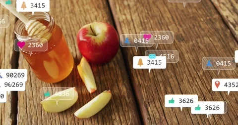 On thumbs-up bubble appearing, icons drifting around honey jar and apple showing Stock Footage 317260722