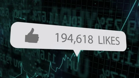 Thumbs-up bubble appearing on teal grid updating like counts while chart rising Stock Footage 314745073