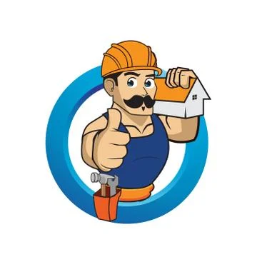 Thumbs up builder man character. Vector mascot logo illustration Stock Illustration