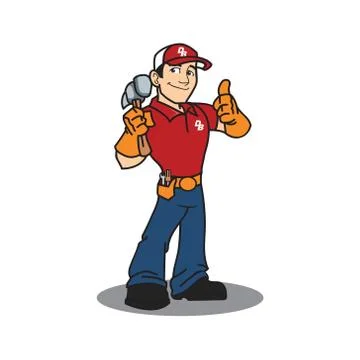 Thumbs up builder man character. Vector logo illustration Stock Illustration