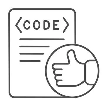 Thumbs up on code file, coding well done thin line icon, programming concept Stock Illustration