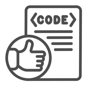 Thumbs up on code file, coding well done line icon, programming concept Illustrazione stock