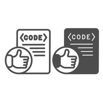 Thumbs up on code file, coding well done line and solid icon, programming Illustrazione stock