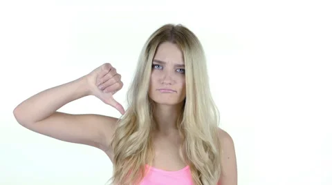 Thumbs Down By Beautiful Woman, White Background Stock Footage
