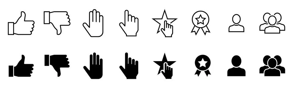 Thumbs up down hand pointer star medal and people line and solid symbol lik.. Stock Illustration