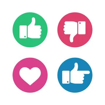 Thumbs up down sign. Point finger and heart icons in red and green circle. .. Illustrazione stock