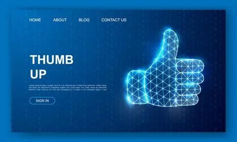 Thumbs up gesture in glowing wireframe mesh. Digital layout design. Futuristic Stock Illustration