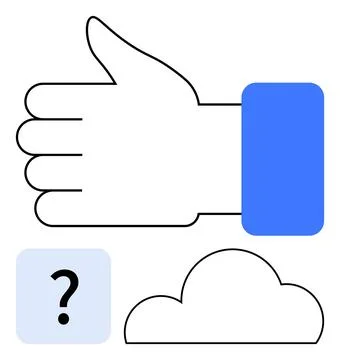 Thumbs Up Gesture with Question Mark and Cloud, Simple Line Art Illustrazione stock