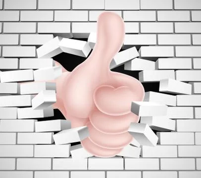 Thumbs Up Hand Breaking Brick Wall Ilustração Stock