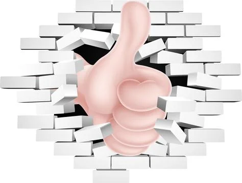 Thumbs Up Hand Breaking Brick Wall Ilustração Stock