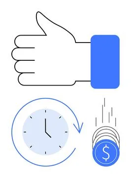 Thumbs up hand gesture above a clock with circular arrow and falling coins wi Ilustración de archivo