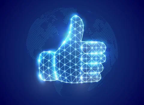 Thumbs up hand gesture glowing in blue neon polygon mesh. Digital interface Stock Illustration