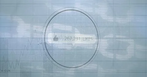 Thumbs up icon and increasing likes against statistical data processing on grey Illustrazione stock