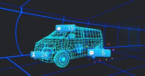 On thumbs-up icon appearing, 3D van occupying dark grid tunnel while visualizing Stock Footage 319783203