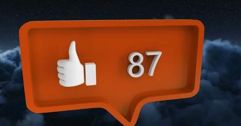 Thumbs up icon with number 87 floating above clouds at night Ilustração Stock