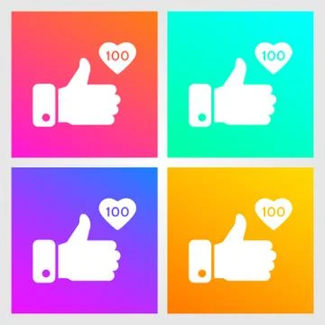 Like, thumbs up icons set on gradient background. Icon like 100. Social netwo Stock Illustration