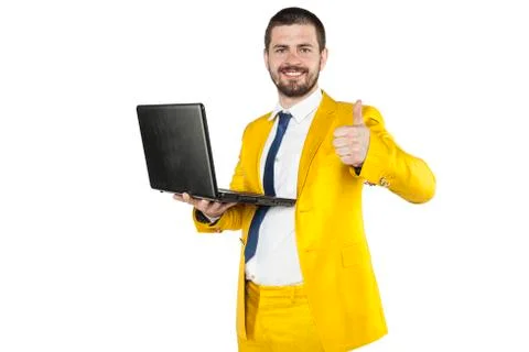 Thumbs up for a new computer in work Stock Photos