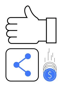 Thumbs Up, Share Icon, and Falling Coins Representing Social Media and Fina.. Stock Illustration