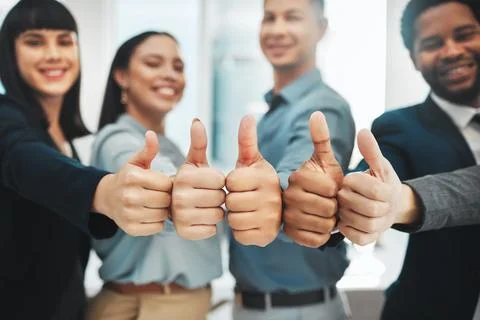 Thumbs up, success and group of business people winning, support or thank you Stock Photos
