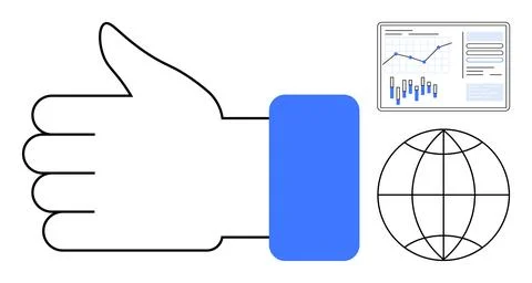 Thumbs up symbol, analytics chart with graphs and bars, and a globe icon. Ide 스톡 일러스트