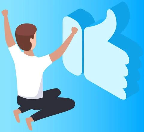 Thumbs up vector flat icon and happy man joyfully raises his both hands up. Like Stock Illustration