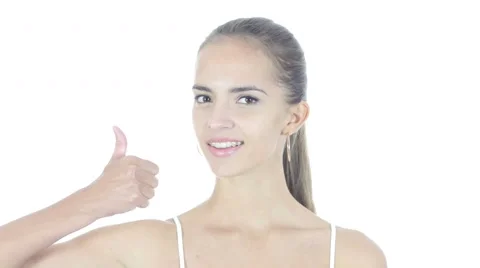 Thumbs Up By Young Woman, White Background Stock Footage