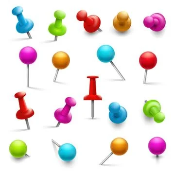 Thumbtack. 3d multicolored push pins for notice paper. Pushpins isolated vector Stock Illustration