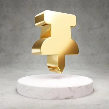 Thumbtack icon. Shiny golden Thumbtack symbol on white marble podium. Stock Illustration