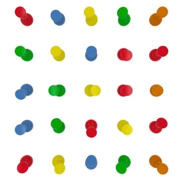 Thumbtacks, set of push pins in different colors. Top view. 3d illustration.  イラスト素材