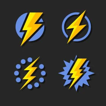 Thunder and Bolt Lighting Flash Icons Set. Flat Style on Dark Background. Vector 库存插图