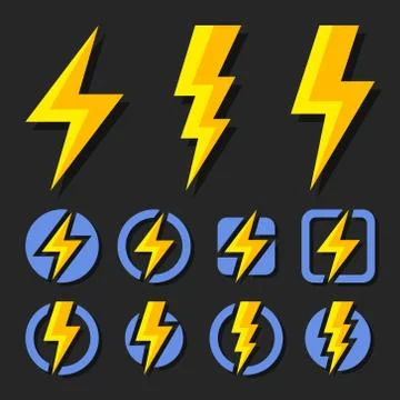 Thunder and Bolt Lighting Flash Icons Set. Flat Style on Dark Background. 库存插图