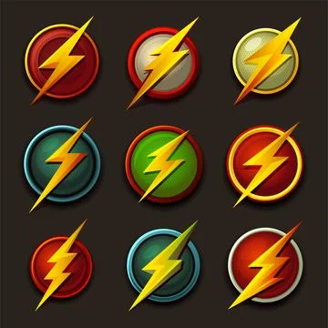 Thunder and Bolt Lighting Flash Icons Set. Flat Style on Dark Background. Vector Ilustração Stock