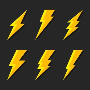 Thunder and Bolt Lighting Flash Icons Set. Flat Style on Dark Background. Vector Stock Illustration