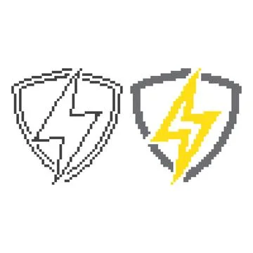Thunder bolt shield, electric protect. Pixel art icon vector illustration Stock Illustration