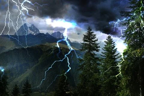 Thunder cloud with lightnings over mountains. Severe weather Stock Photos
