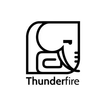 Thunder fire text in black with square elephant outline logo on white background Stock Photos