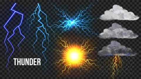 Thunder, Lightnigs Set Vector. Bolt, Night Sky Magic Bright Sparkle Effect Stock Illustration