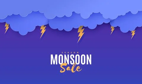 Thunder lightning and clouds in the paper cut style. Vector origami storm Illustrazione stock