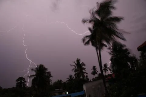 Thunder lightning storm in the raining night background over a house and palm Foto stock